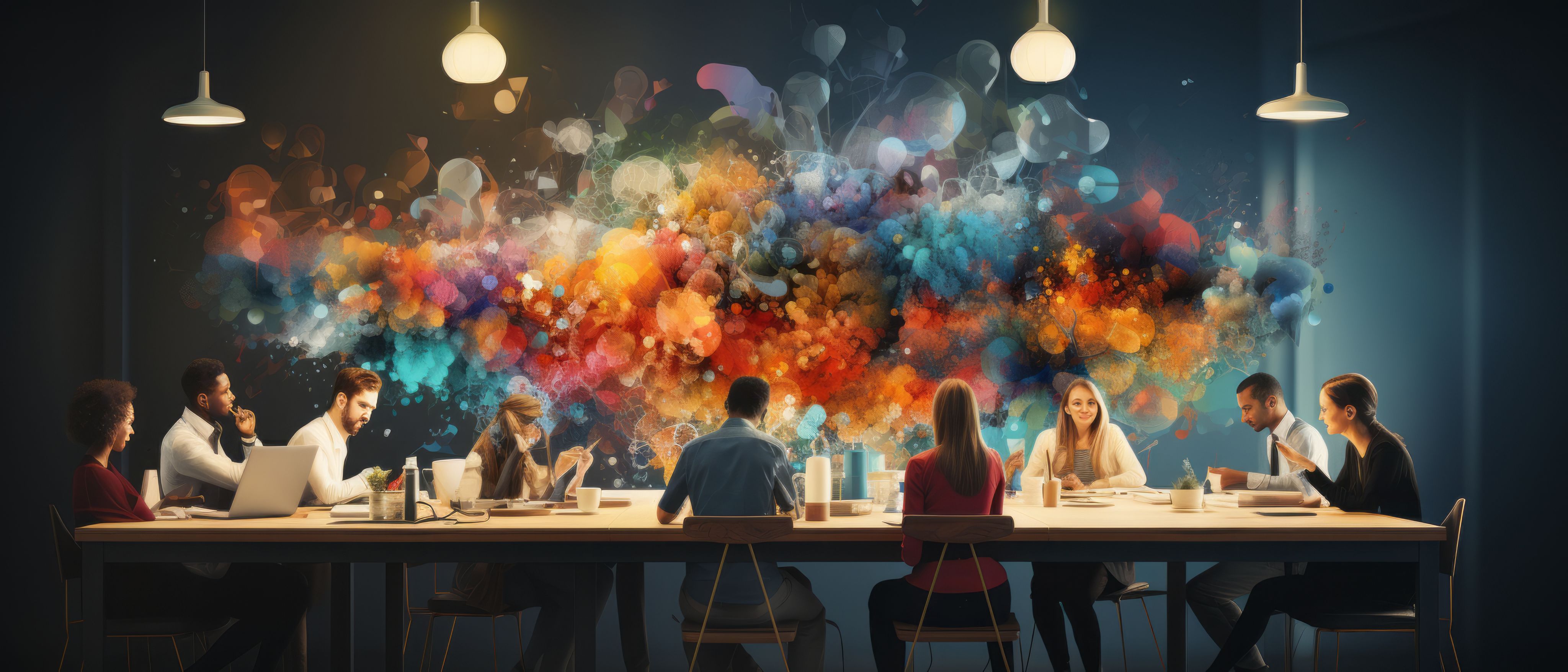 People sitting around a large table with colourful bubbles above their heads.
