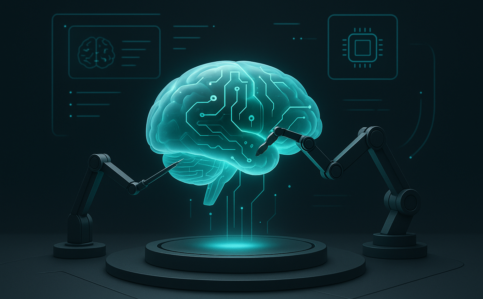 Glowing brain against a dark background with robot arms prodding the brain.