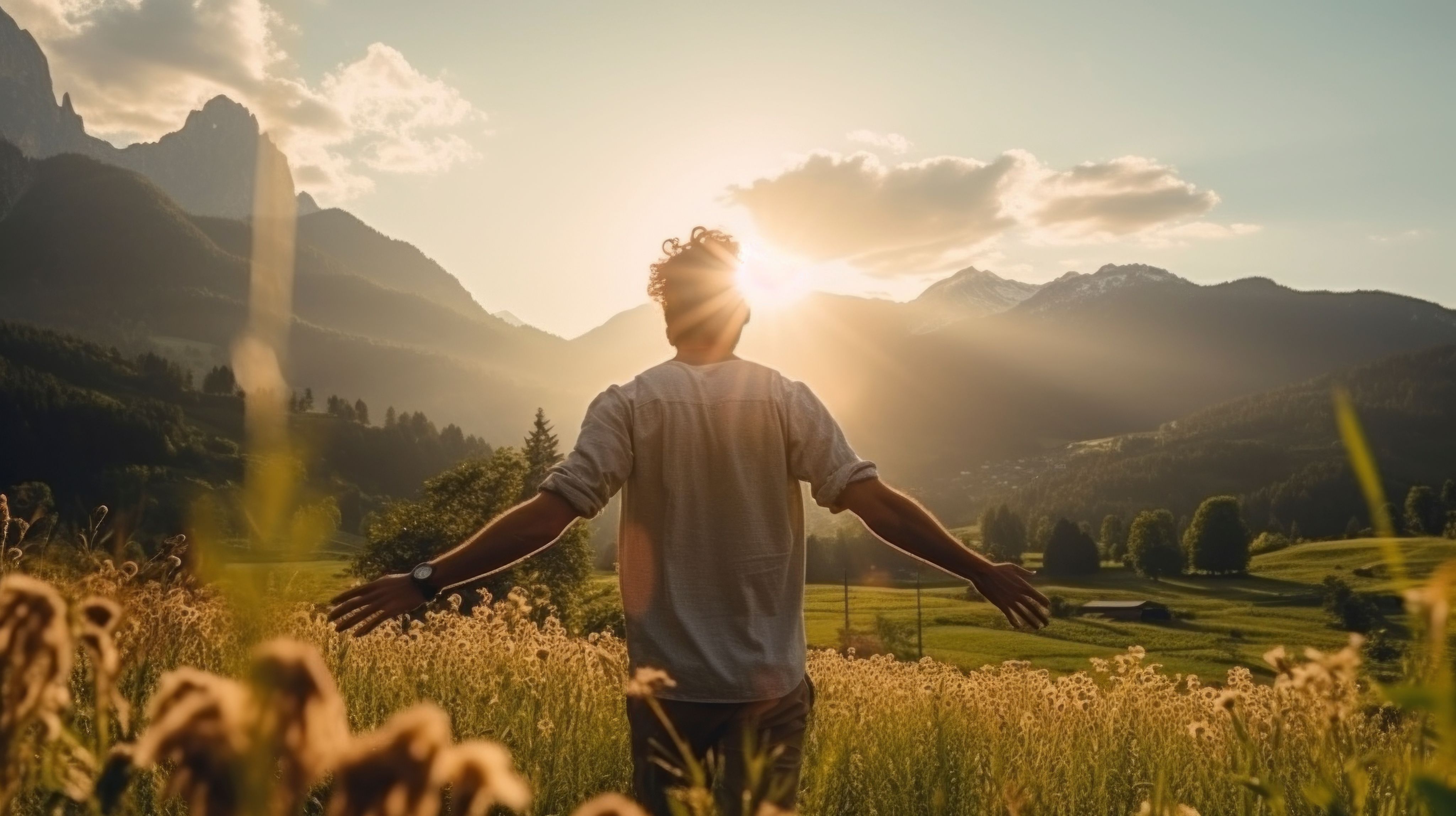Person with back to spectator looking into beautiful mountainous landscape