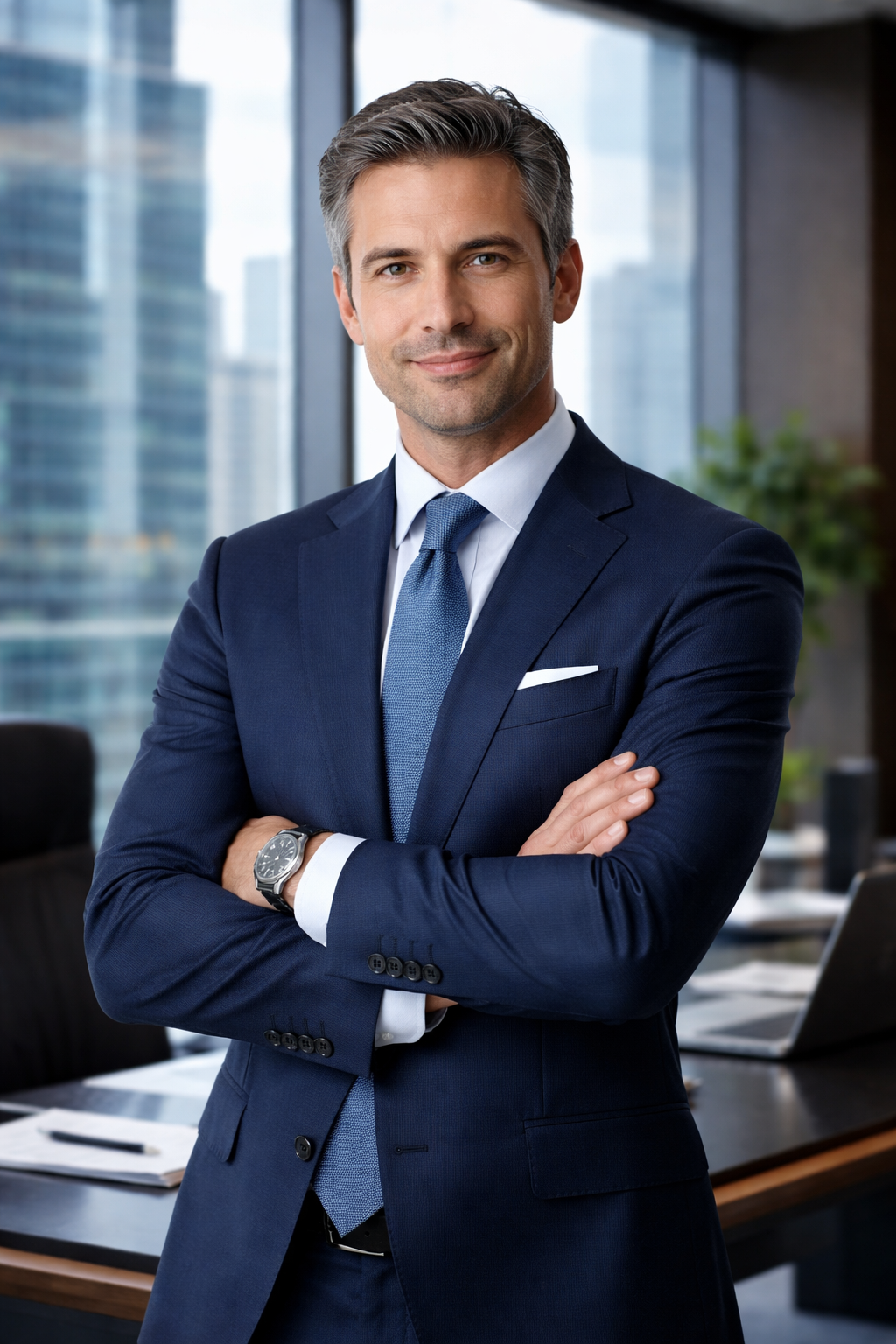 AI generated image of man in blue suit in an office environment