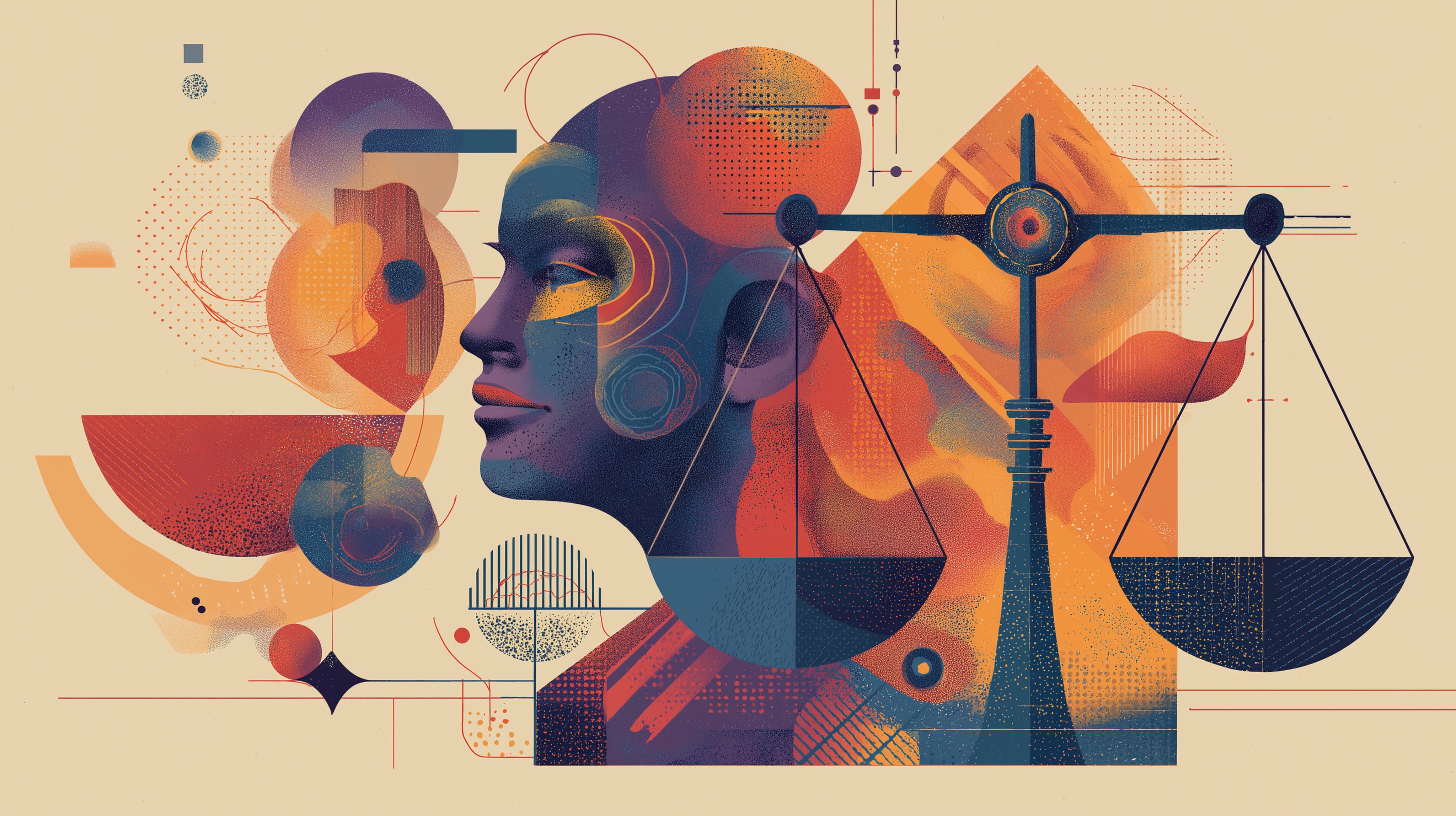 Abstract artwork with geometric shapes in warm tones and a prominent set of balanced scales on the right.