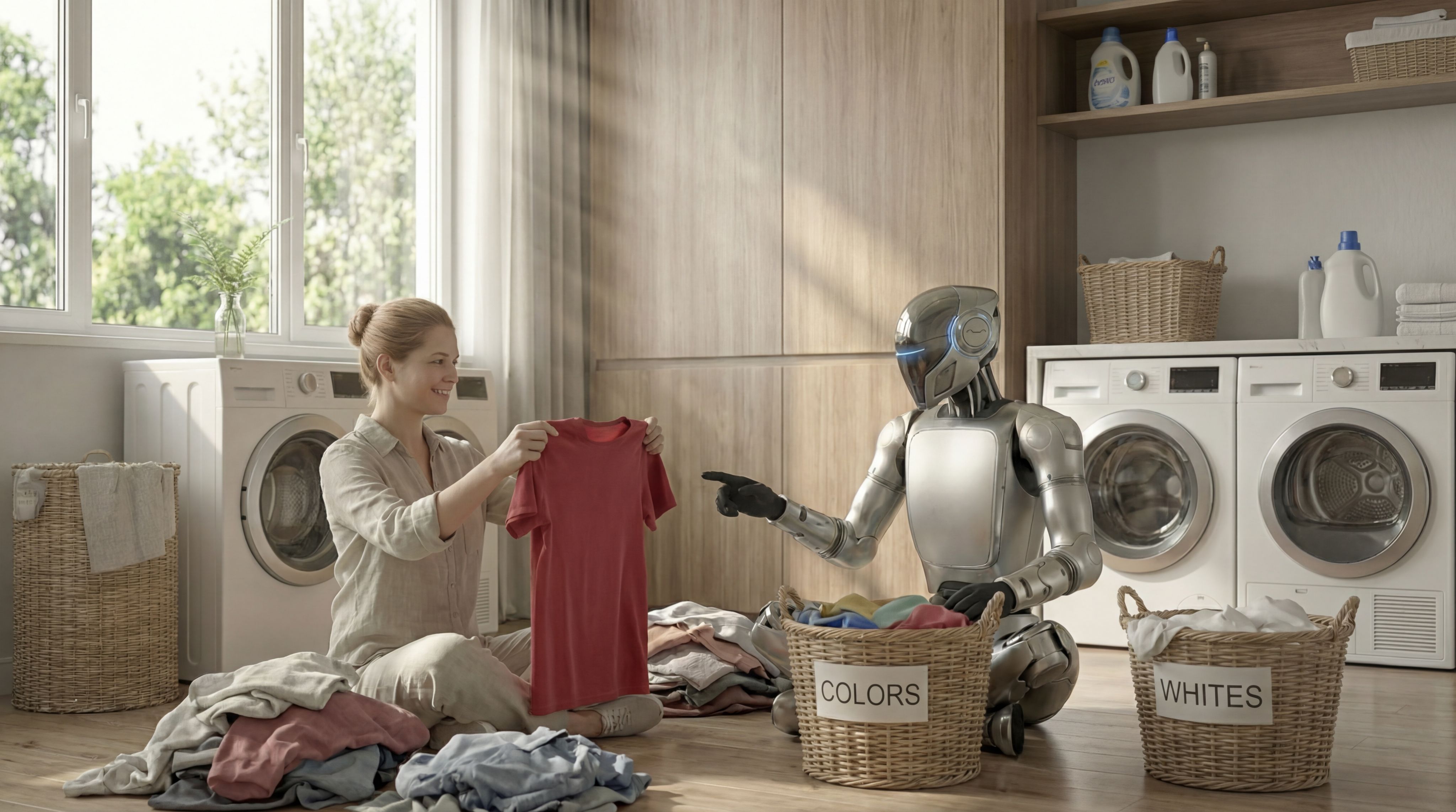 Woman and robot sitting on the kitchen floor doing the laundry together
