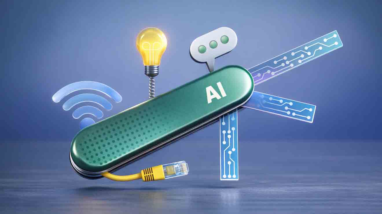 A stylised Swiss‑army‑knife‑like gadget labelled “AI,” with digital tool arms extending outward, including icons for circuits, a speech bubble, a lightbulb, a Wi‑Fi symbol and an Ethernet cable, set against a soft blue background.