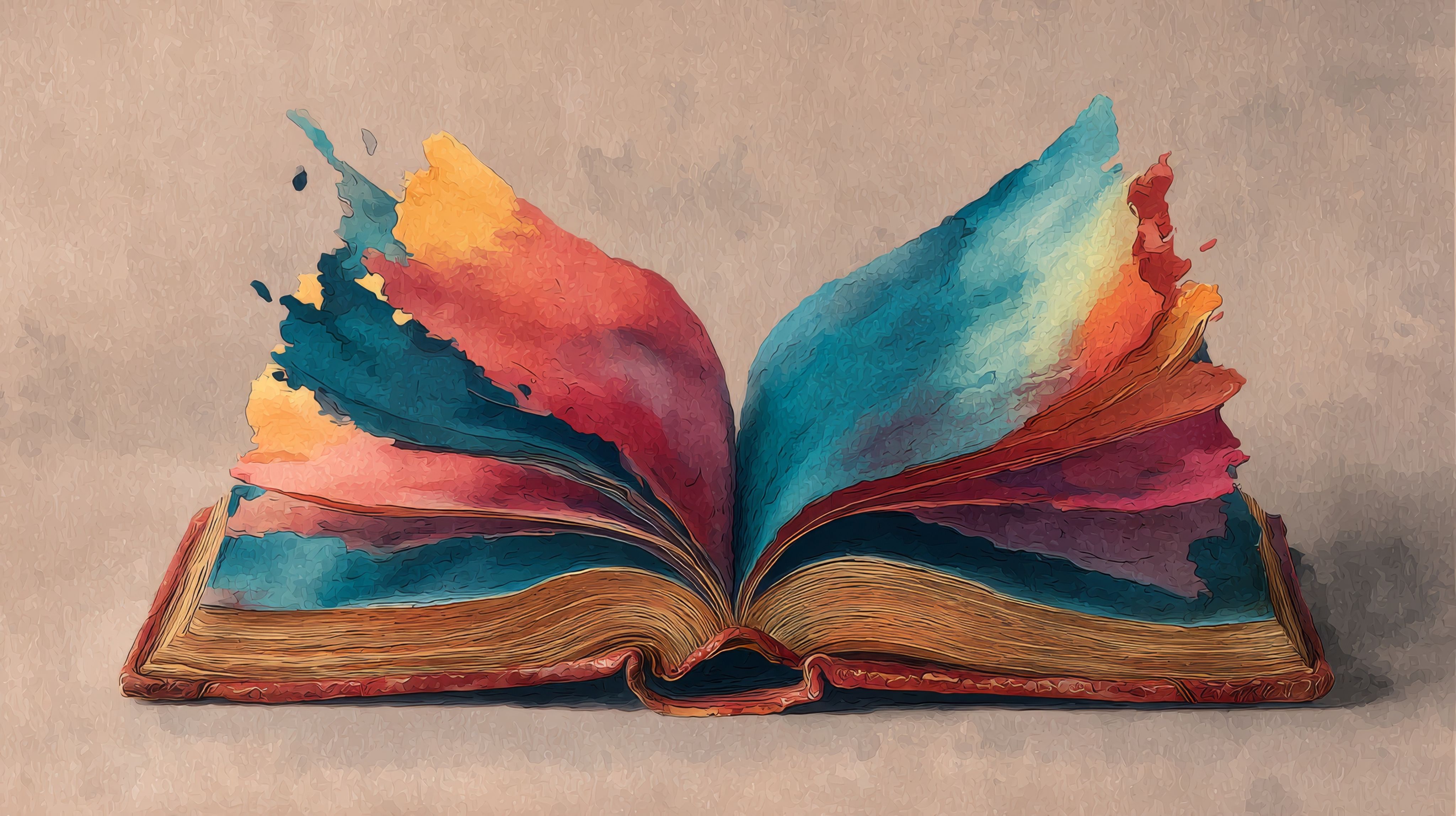 Stylised open book with colourful pages against a beige background