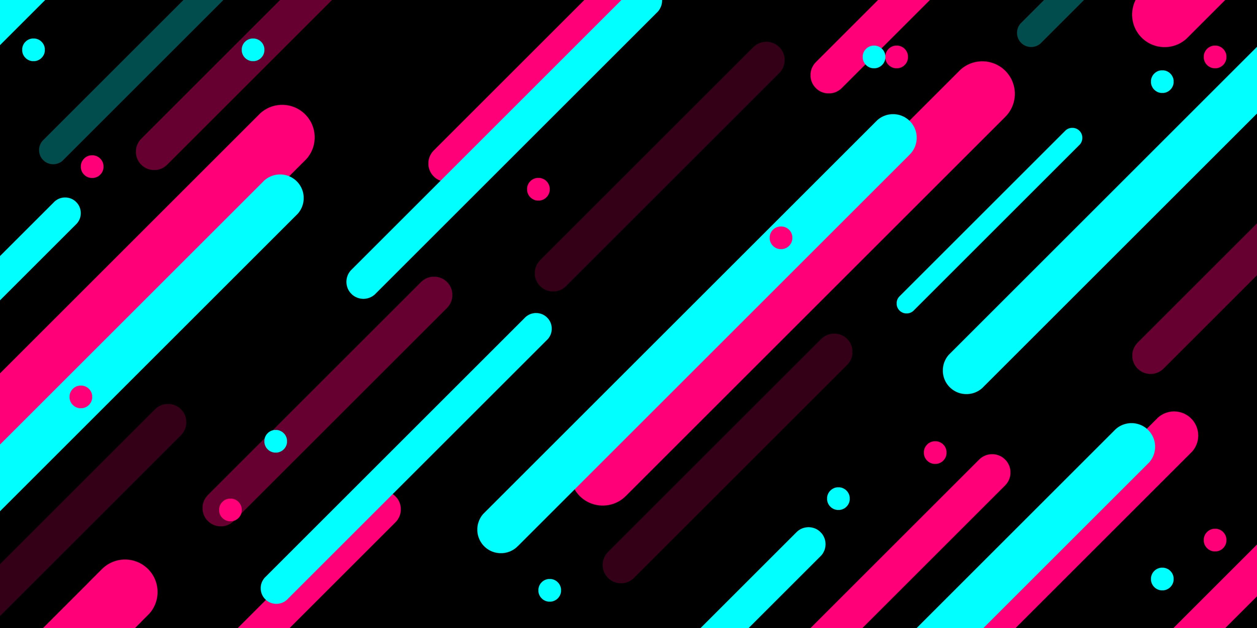 Stylised computer graphic with light blue and cerise stripes and dots against a black background