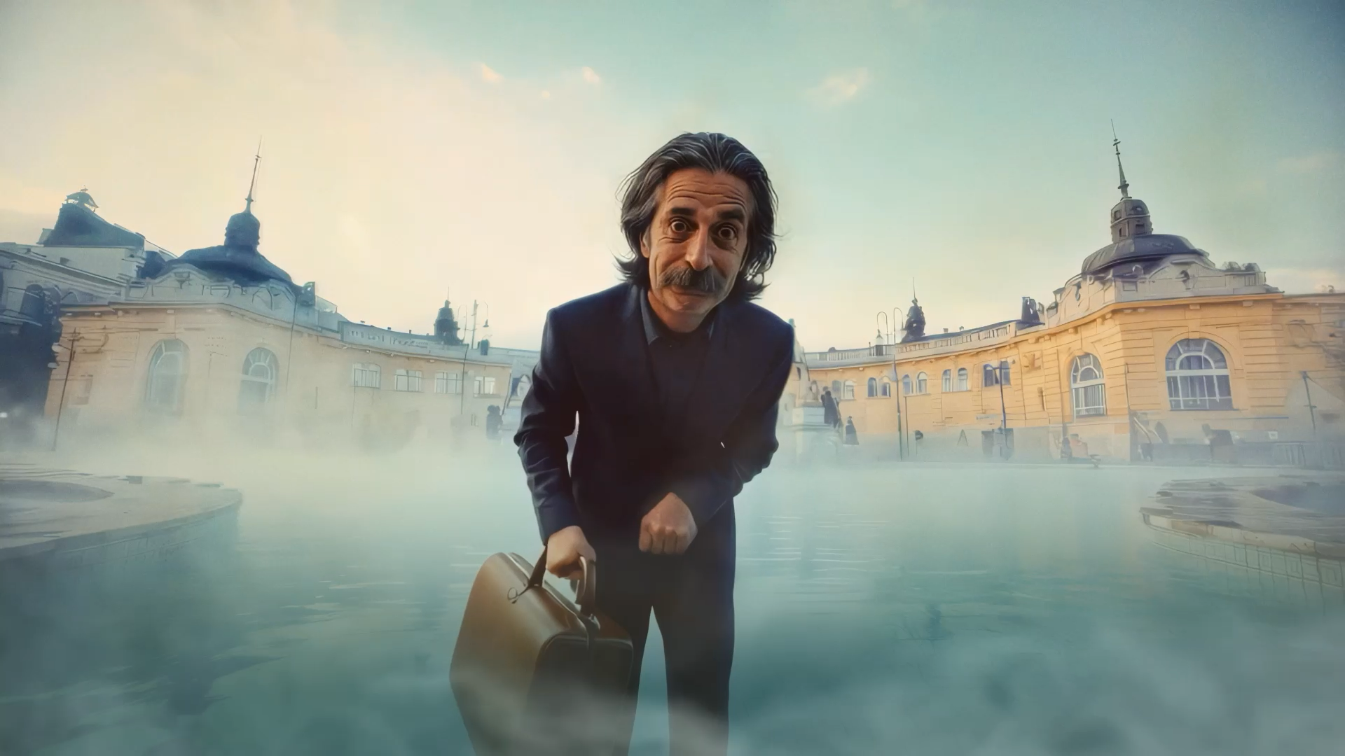 A person in a suit stands beside an outdoor thermal pool surrounded by grand historic buildings, with mist rising from the water and soft morning light illuminating the scene.