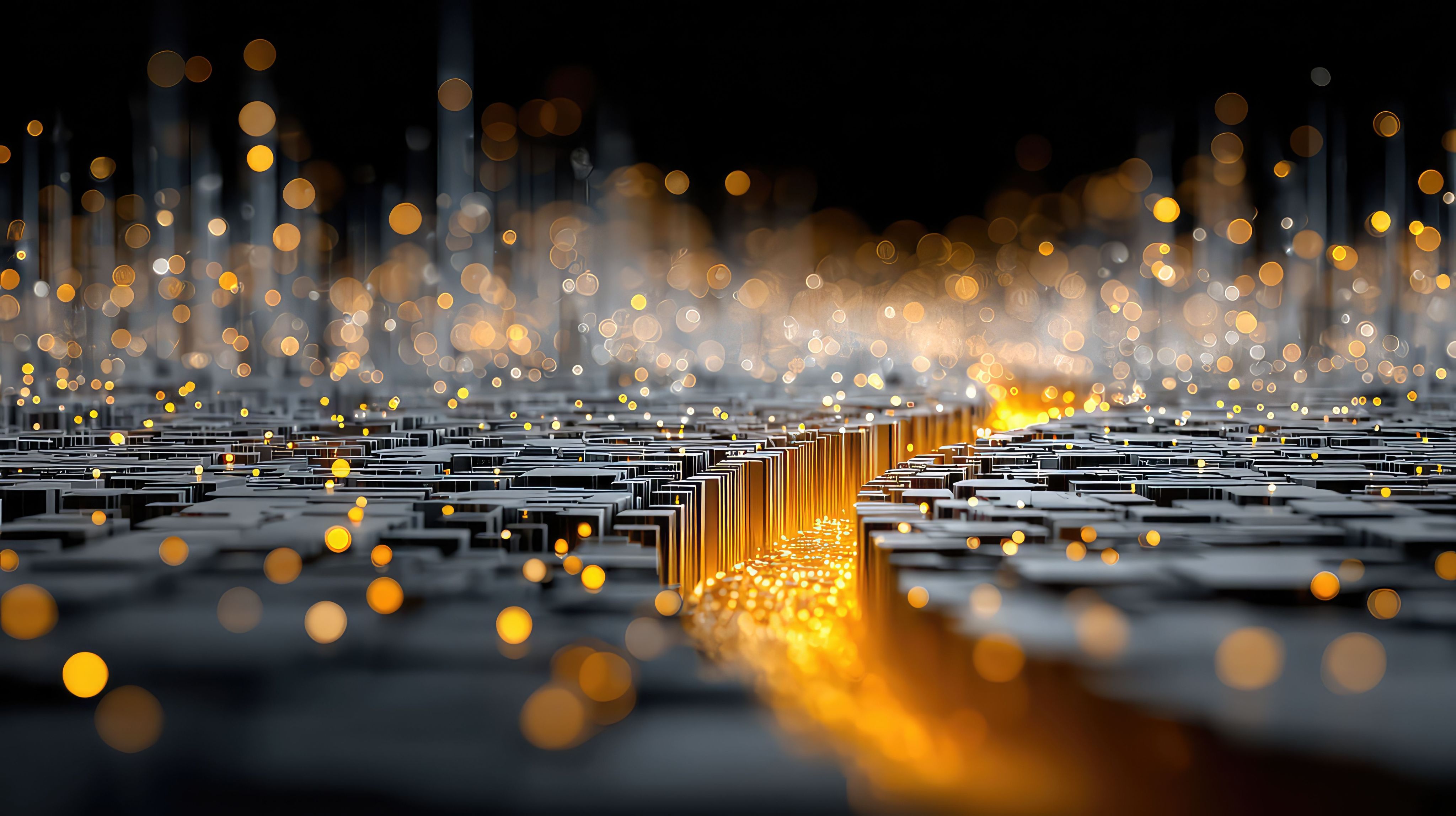 Artistic image of a golden river flowing through metallic blocks surrounding by golden sparkling lights.