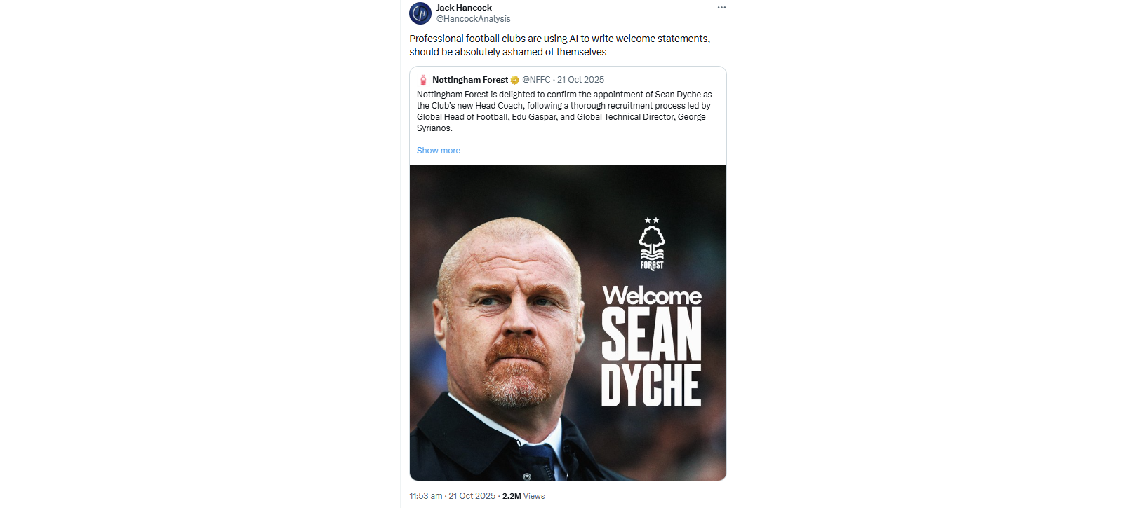 X post from Nottingham Forest FC in October, which announced the appointment of Sean Dyche