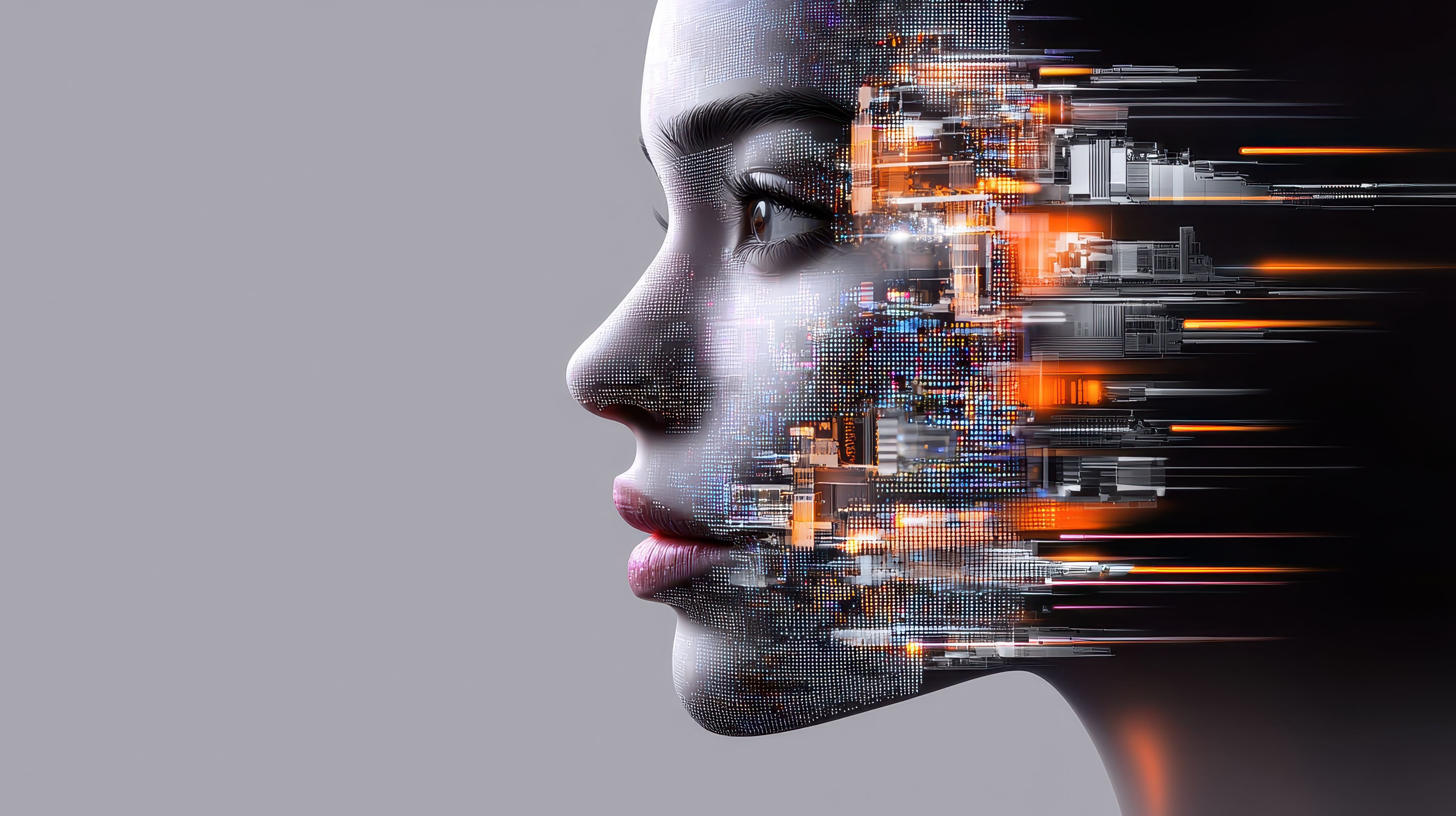 Profile of a AI generated face of a woman against a grey background with synthetic highlight effects