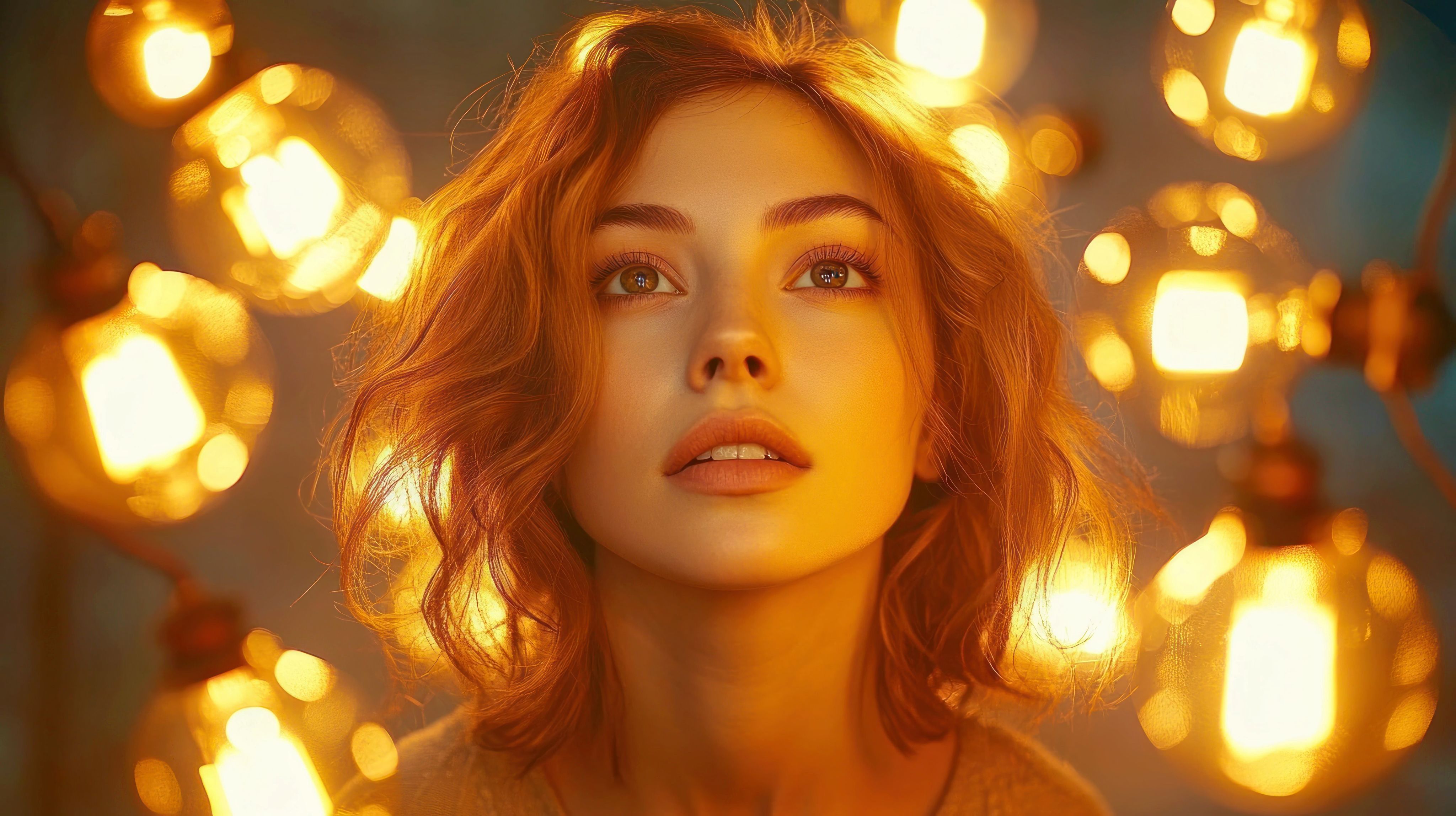 AI generated image of young woman against a background with golden lightbulbs