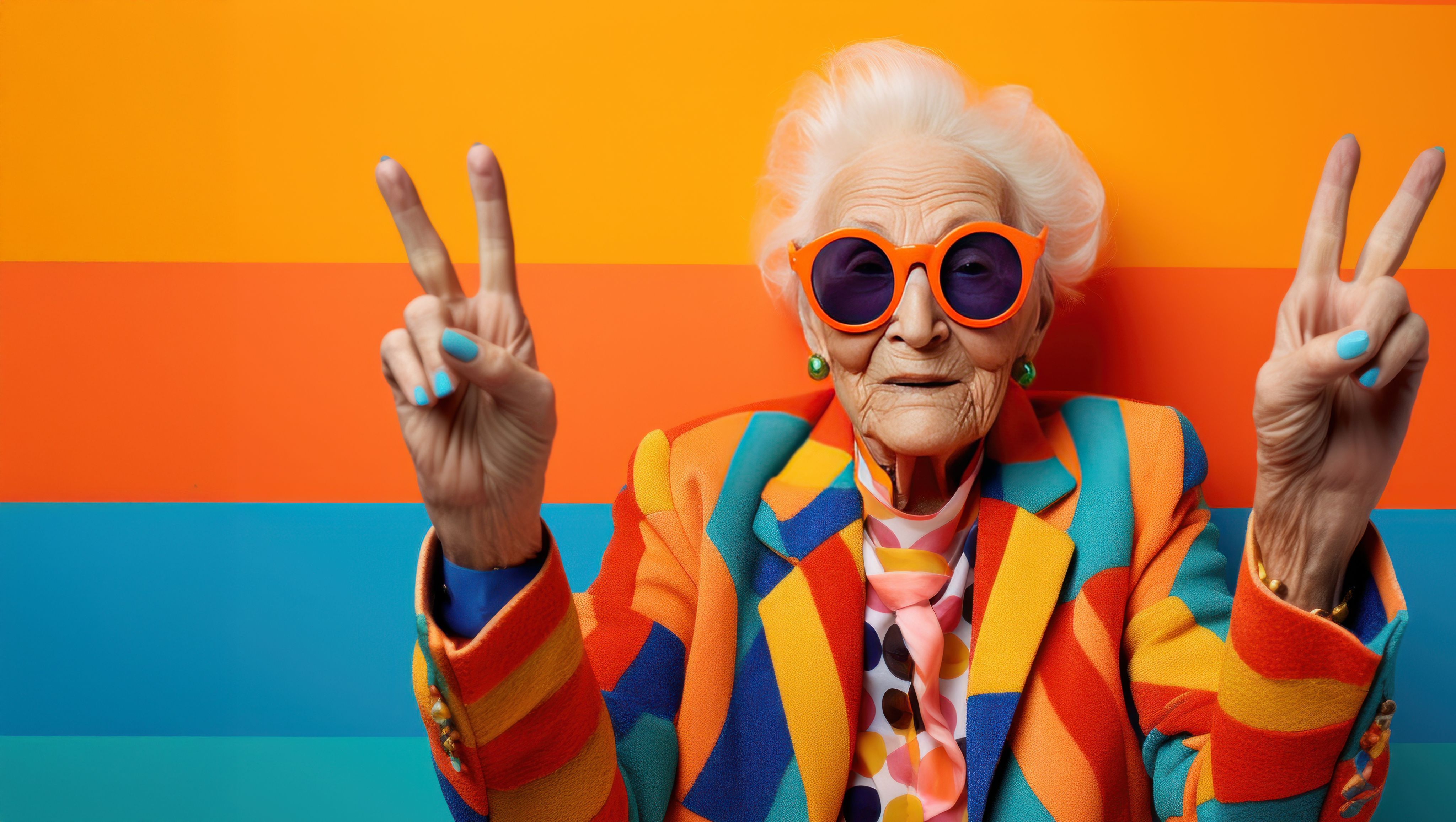Senior woman in colourful sunglasses and dressed in colourful clothes holden up her hands in a V sign