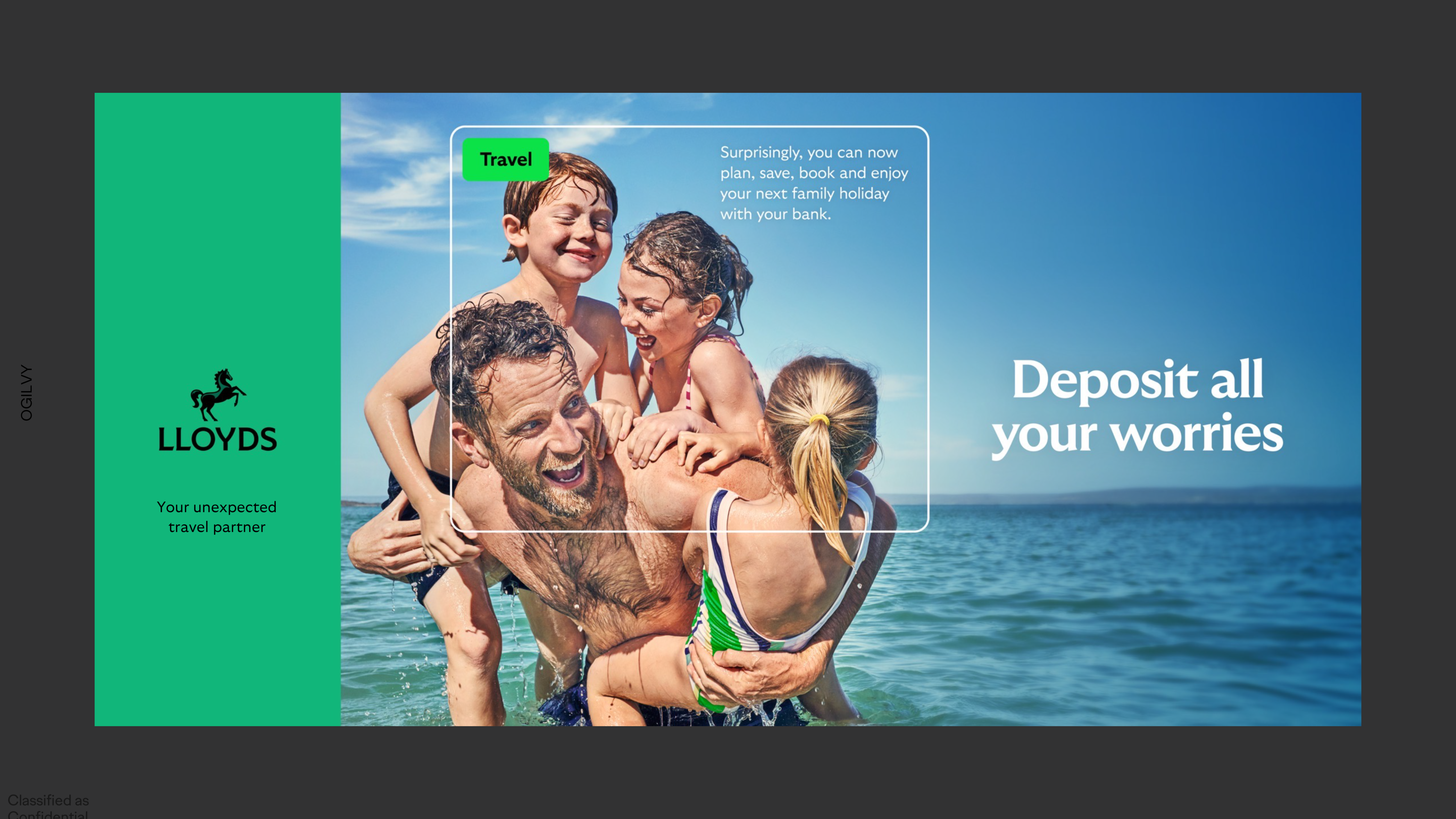 Ad from Lloyds bank campaign for travel services: a family playing at the beach
