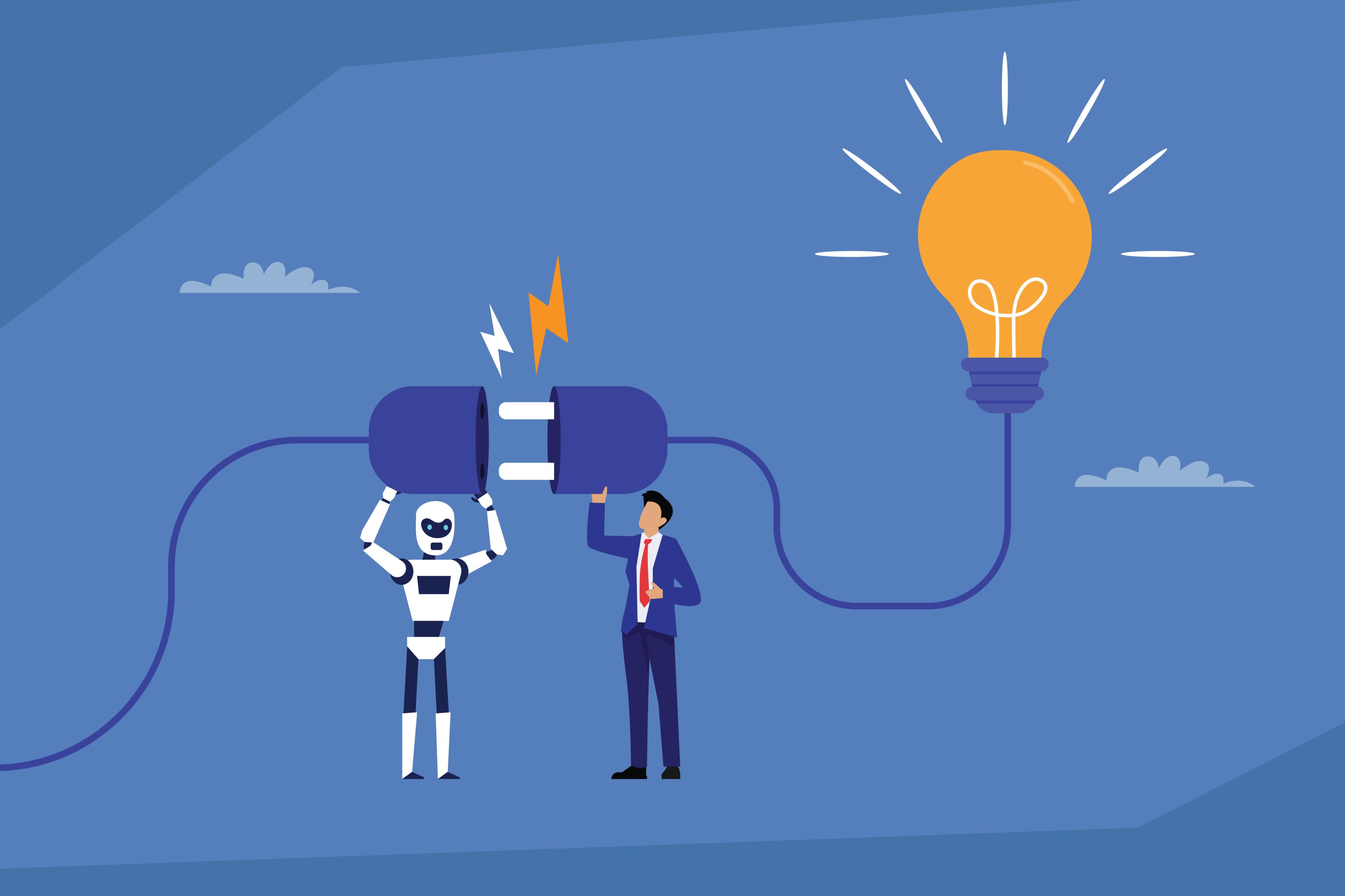 Illustration of a robot and a person plugging in a light-bulb together