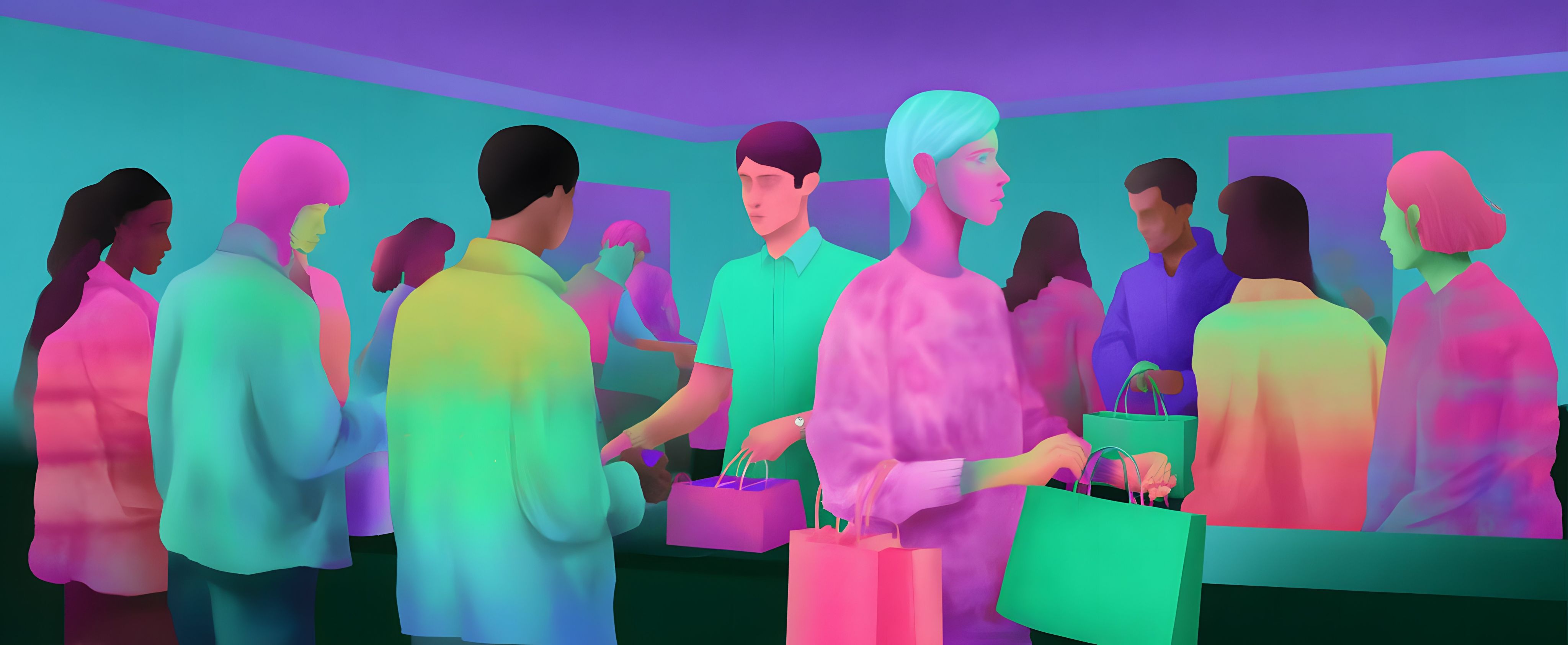 Colourful illustration of people with shopping bags in a store