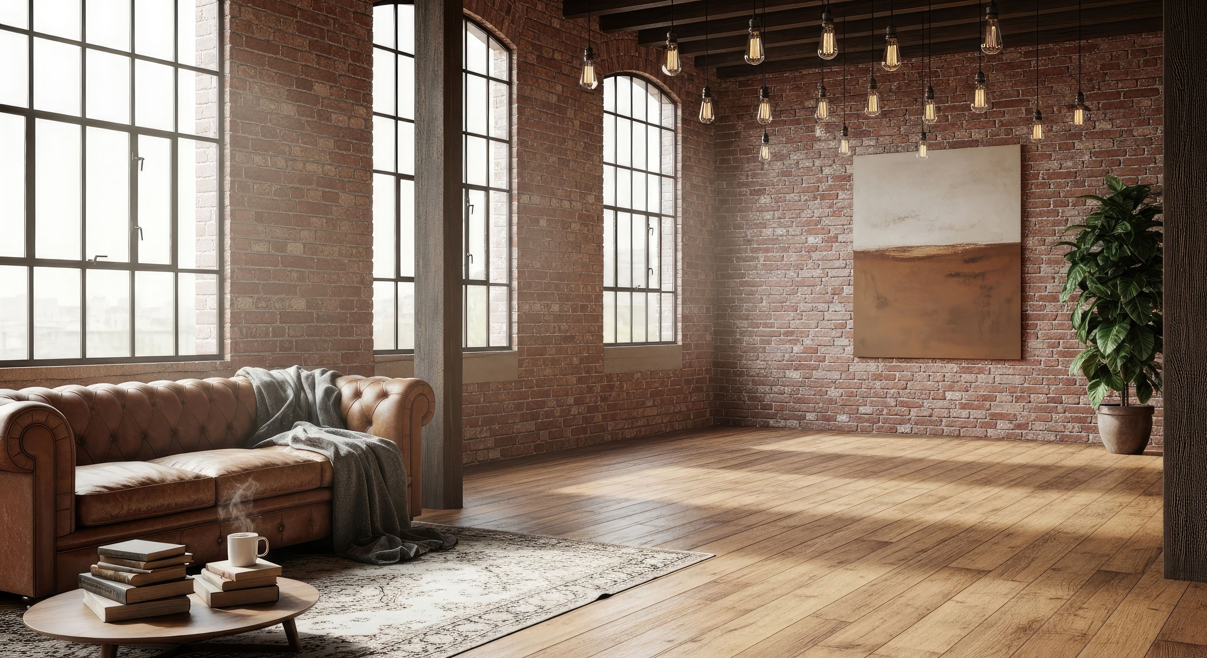 Urban living space in an old factory with brick walls, tall windows a big leather sofa