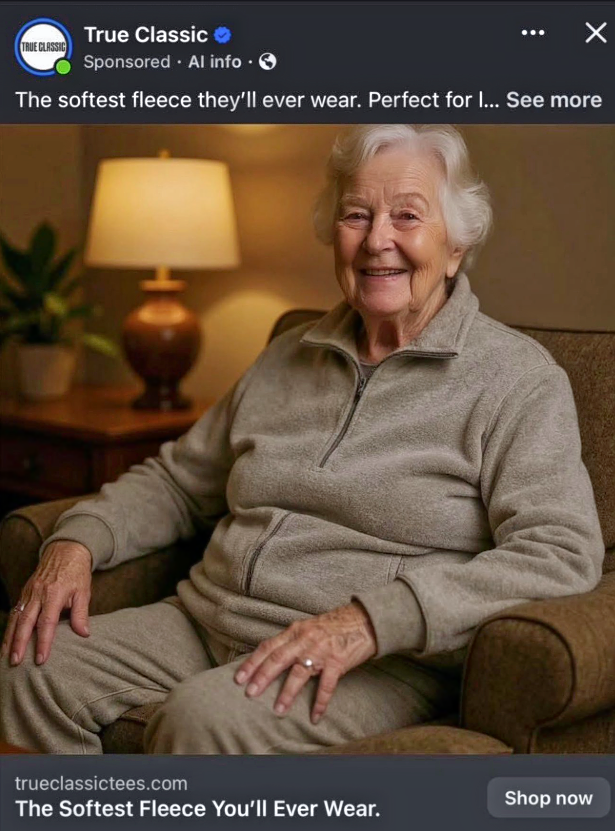True Classics fleece ad. An older lady sitting in an armchair, dressed in fleece clothing.