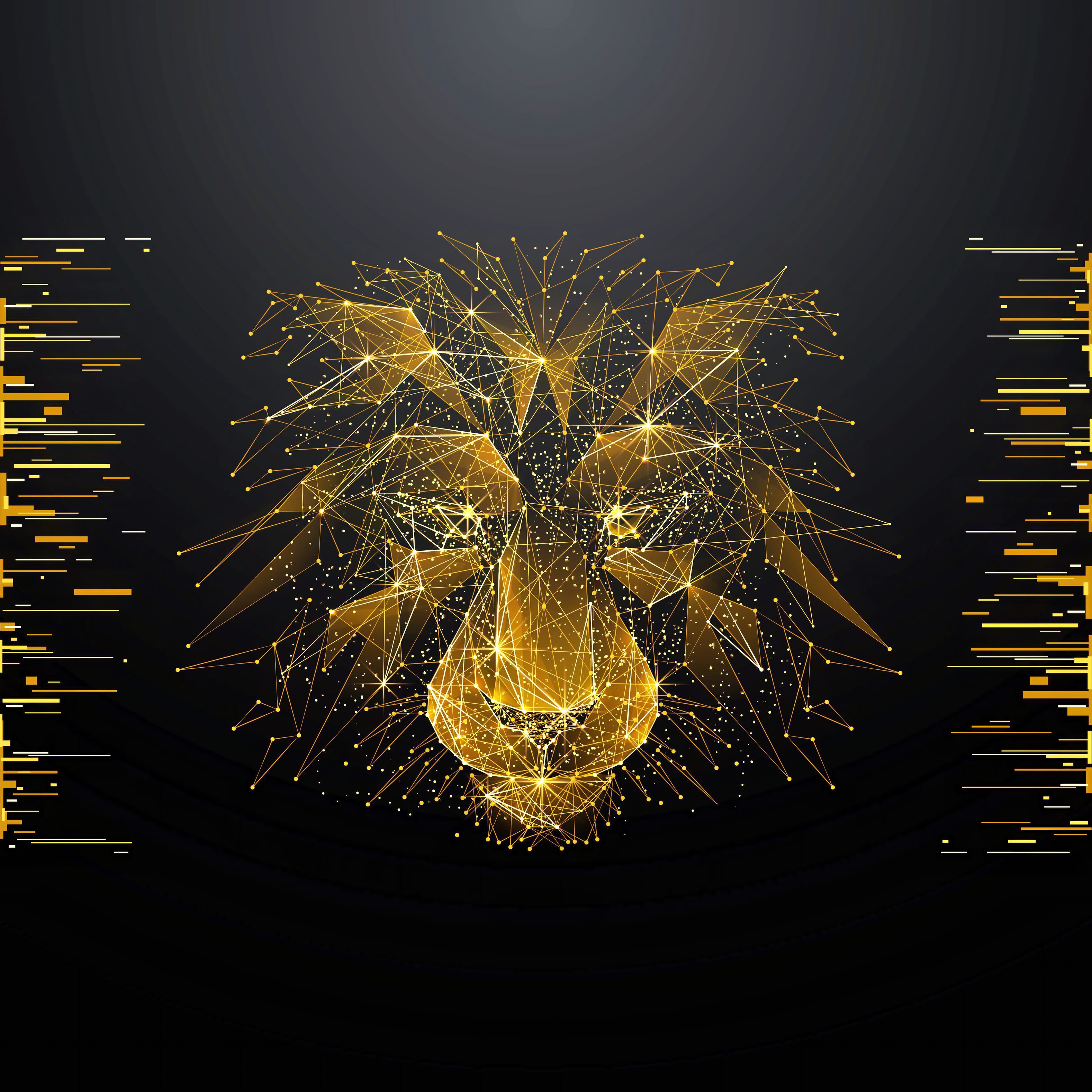 Stylised face of a golden lion against a black background
